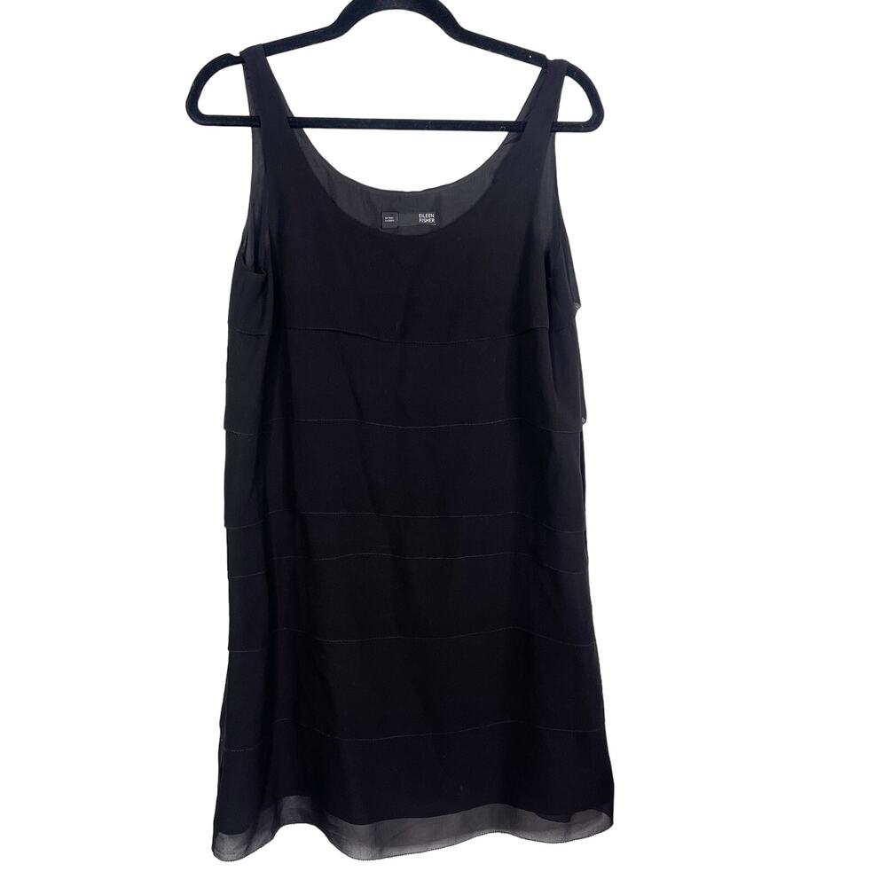 Eileen Fisher Petite Medium PM Black Silk Tiered Ruffle Tunic Tank Scoop Neck